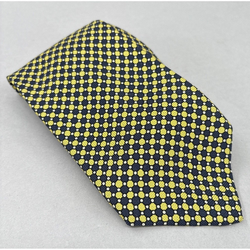 Brooks Brothers Tie Mens Silk Navy Yellow Geometric Dot Necktie Handmade USA